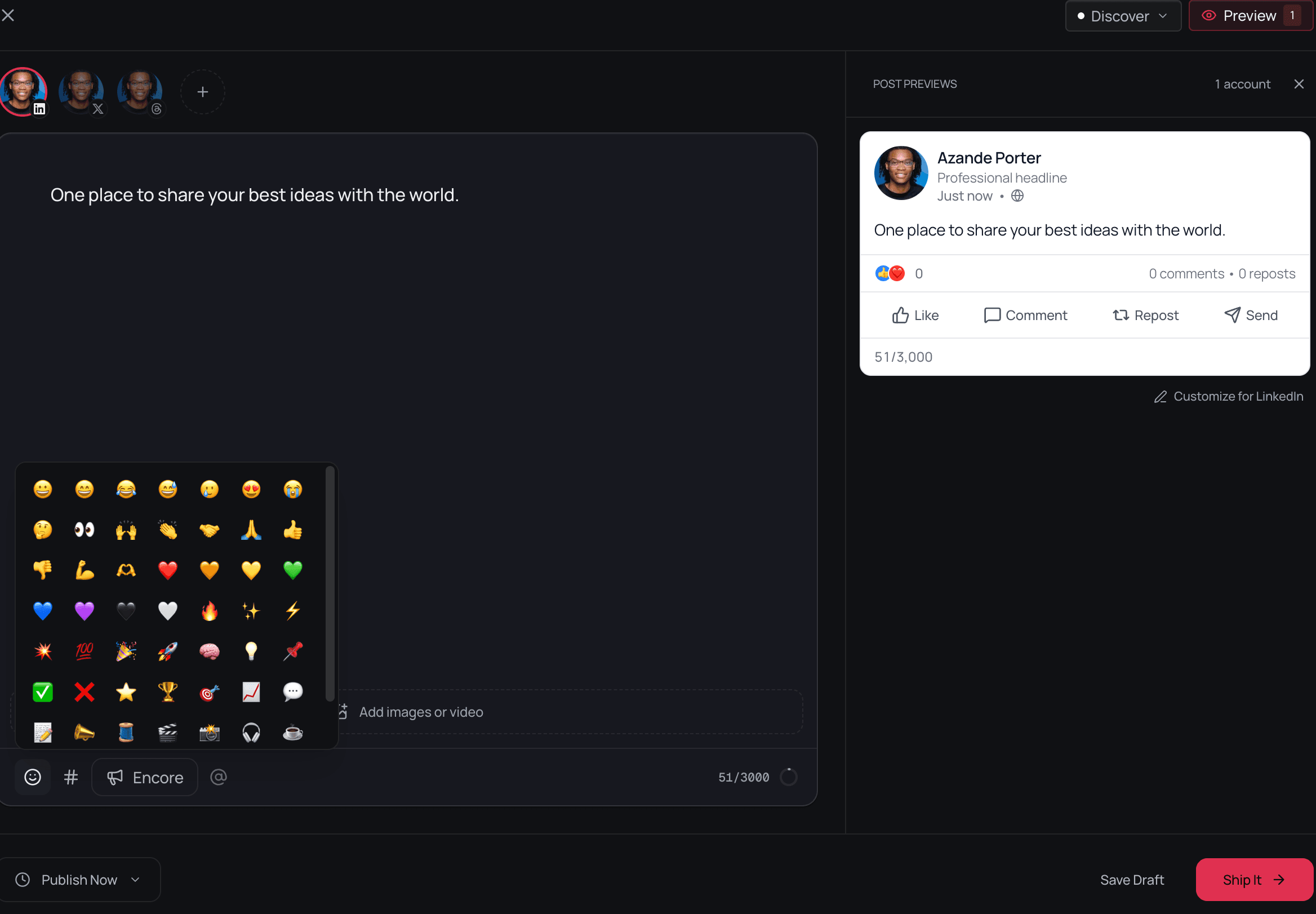 Distinctful composer with the emoji picker open beside a live LinkedIn post preview