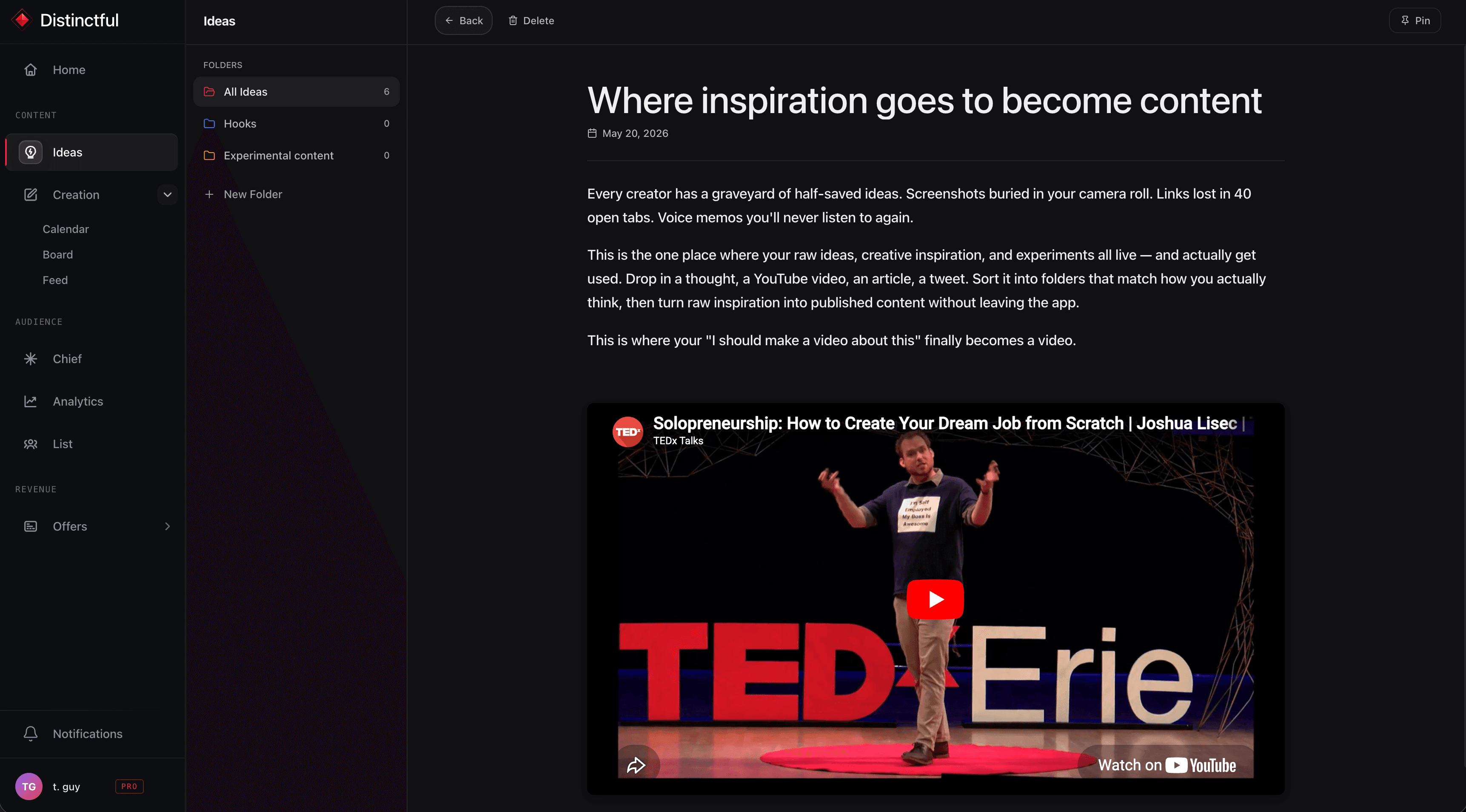 Ideas screenshot showing a saved solopreneurship note with a YouTube video embedded